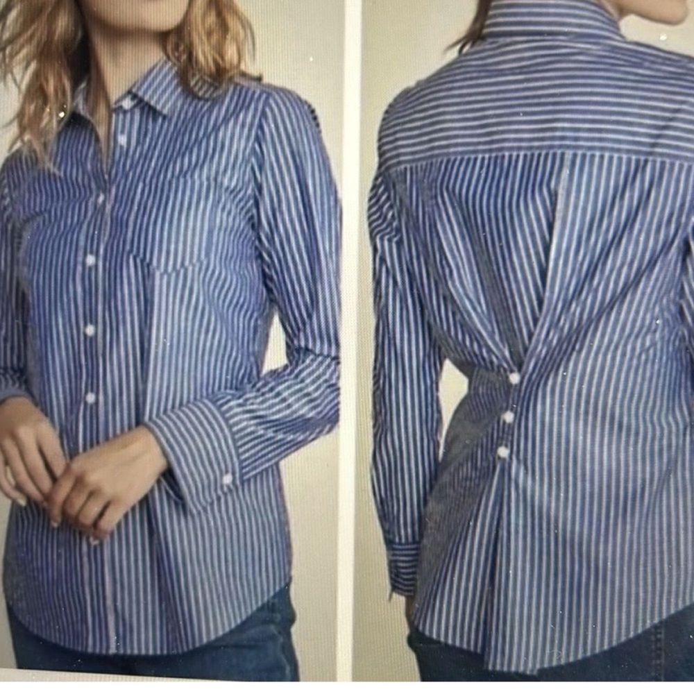 Elizabeth and James button down pinstripe shirt with gathered back buttons